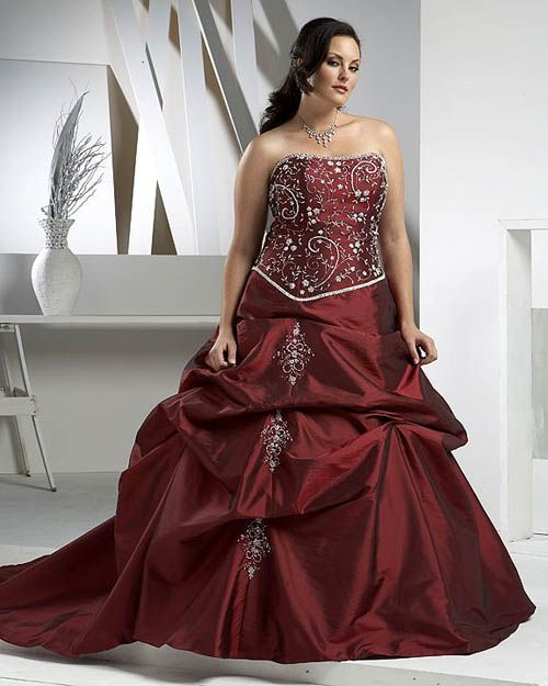 Plus Sized Model in Lush Maroon Couture Bridal Dress