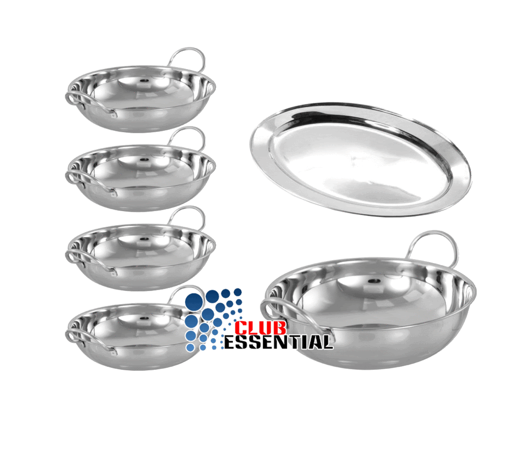 6Pc INDIAN CURRY BALTI DISHES BOWL TRAY KARAHI STAINLESS STEEL BALTI